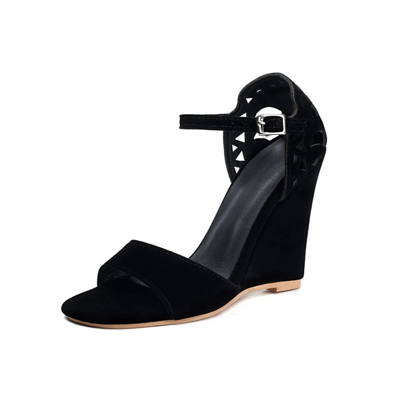 Women Sandals Buckles Suede Open Toe 10cm Wedge Heels