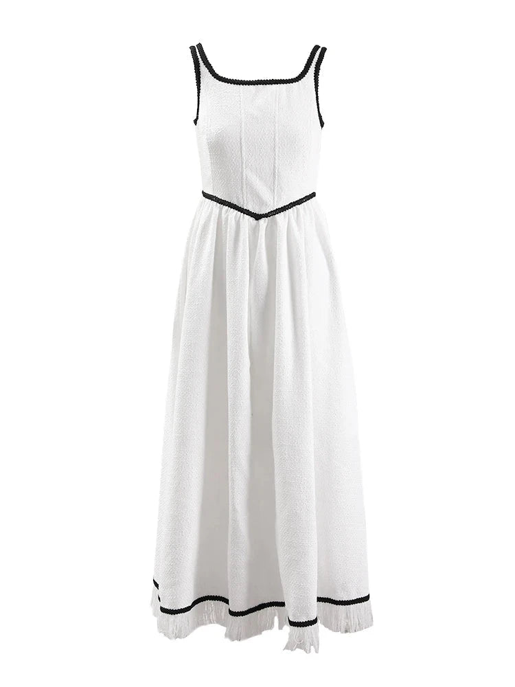 Women Vest Dress Square Collar Sleeveless Backless Contrast Tassel Zipper Dresses Summer