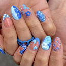 Almond fake nails blue heart flowers speckled pattern