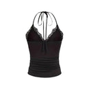 Women's Tank Top With Ruffled Halter Neckline Dull Black Knitted Fabric From For Spring