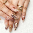 Brown Cat's Eye Full Cover Nail Tip Golden Flower Smudge Press on Nails Almond Reusable False Nails