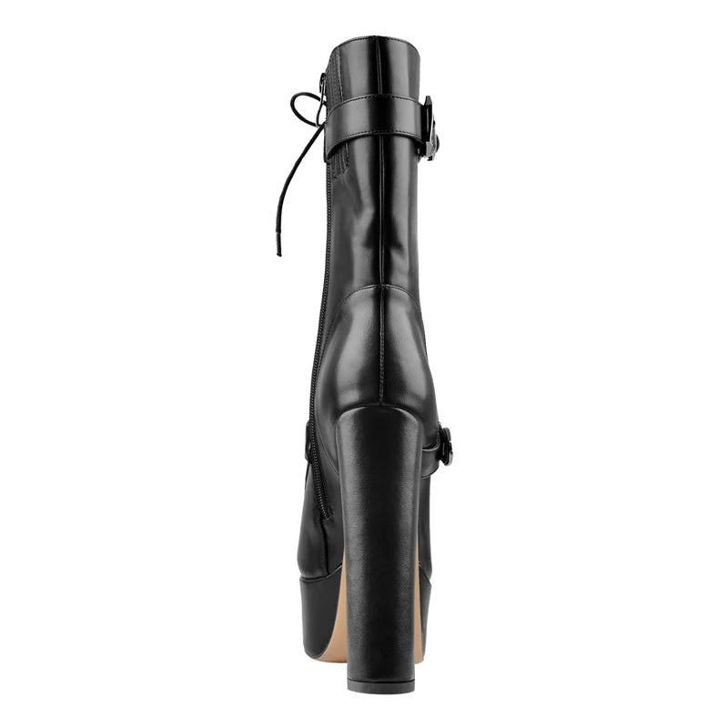 Women Black Matte Platform Zipper Ankle Boots Round Heels Heeled Metal Plates Buckle  Boots