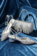Women Purple Rhinestone Shoes Matching Bag Set Italian Design Chunky Heel Pumps Tassel Clutch Purse Nigeria Wedding Party Dress