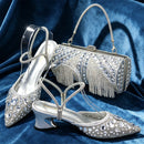 Women Purple Rhinestone Shoes Matching Bag Set Italian Design Chunky Heel Pumps Tassel Clutch Purse Nigeria Wedding Party Dress