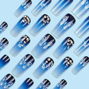 24pcs Blue Gradient French False Nails With Butterfly Designs Press On Nails Ballet Diamond Fake Nails Fashion Long Square Nails