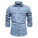 Men Denim Shirts Double Pocket Casual Men Shirts Long Sleeve Autumn Jeans Shirts for Men