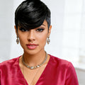 Woman with stylish haircut and jewelry against a white background, Obroi