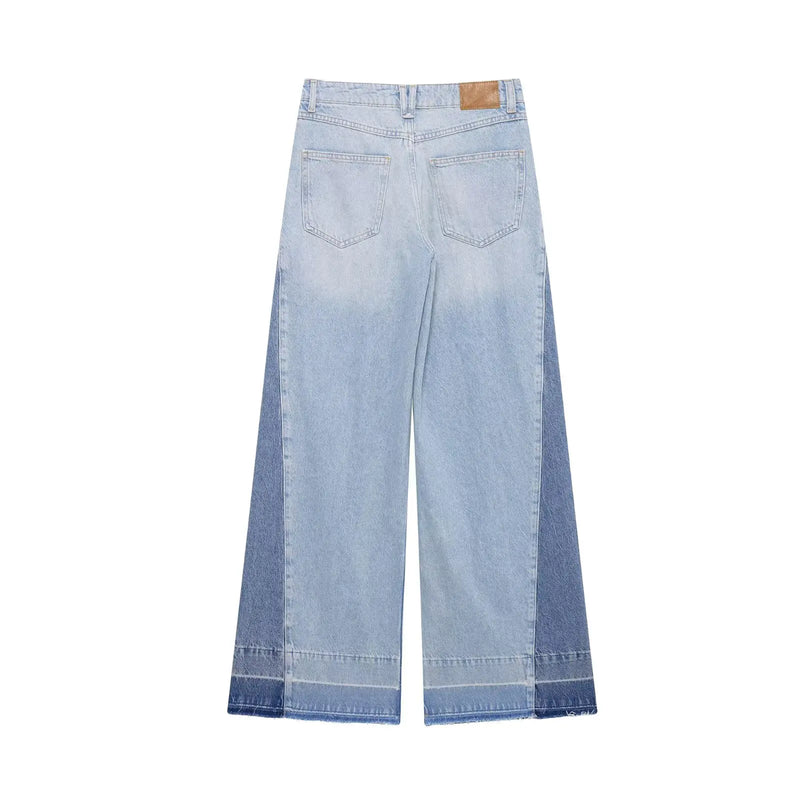 Women versatile temperament simple splicing cotton high waist loose trousers jeans