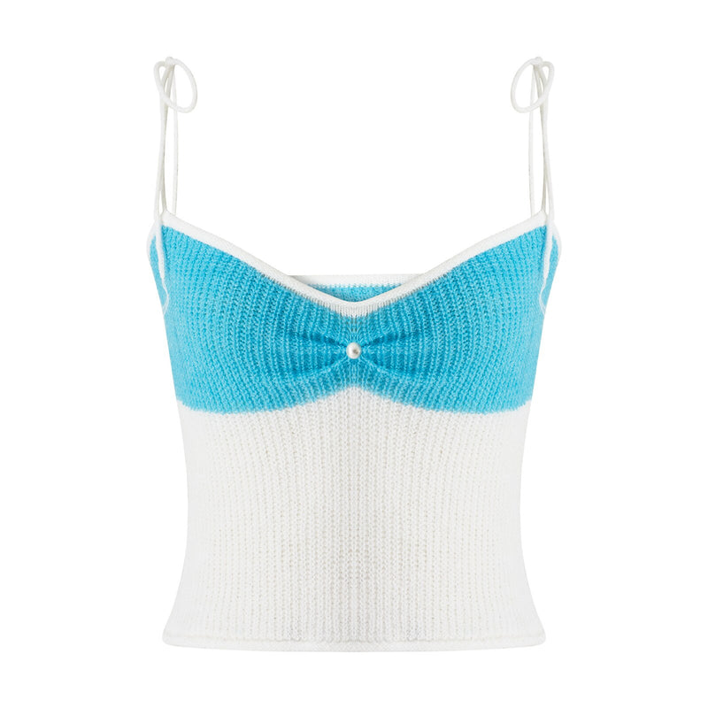 Women Crochet Knit Crop Camis Pearl Backless Top Sleeveless Lace-up Beach Camisole Trendy Streetwear