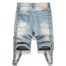 Men Cargo Denim Shorts Summer Punk Rivet Blue Jeans Ripped Hem Knee Length Breeches