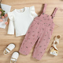 Kids Suit Set Solid Color O-Neck Long Sleeve Tops Floral Suspender Trousers for Girls