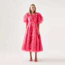 Coral Red Flower Tiered Mid Calf Women Maxi Dresses Modest Formal Party Dress  Floral Female Gowns