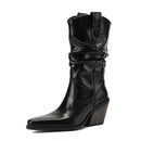 Black leather cowboy boot on a white background, Obroi