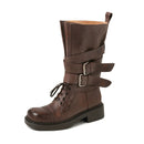 Winter Women Mid Calf Boots Autumn Western Shoes Square Toe Buckles Lady Motorcycle Boots