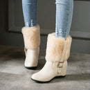 Women Plush Snow Boots with Belt Buckle Thick Heel Winter Warm Height Increase Trendy Platform Shoes