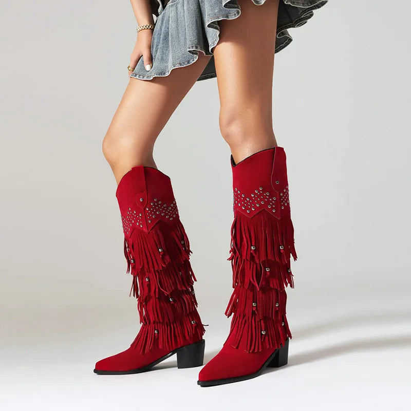 Boots Knee High Pointed Toe Rivets Women's Winter Shoes Suede Western Booties Ladies