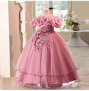 Elegant Girl Party Dress Flower Appliques Wedding Bridesmaid Mesh Evening Ball Gown for Kids Children