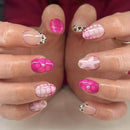 Pink Flowers French Rhinestone Nail Art Chic False Nails Detachable Finished Fake Nails Press on Nails