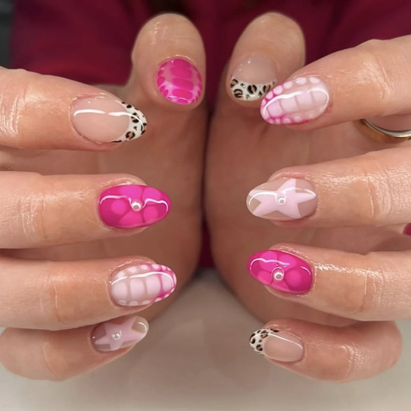 Pink Flowers French Rhinestone Nail Art Chic False Nails Detachable Finished Fake Nails Press on Nails