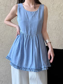 Chic Spliced Black Stringy Selvedge Seam Vest Top Women's Summer Lace Hem Sleeveless Tops