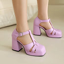 T-Strap Metal Square Buckle Narrow Hollowed Out Women Sandals Platform Heel Sandals