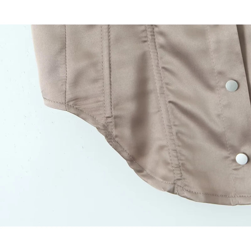 Women Apricot Roll-up Sleeve Safari Satin Shirt Blouse Single Breasted Female Fishbone Summer Crop Top