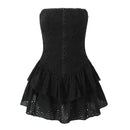 Women Hollow Out Embroidery Strapless Dresses Front Buckle Fit And Flare Party Mini Dresses
