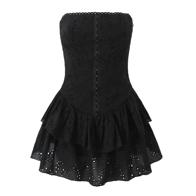 Women Hollow Out Embroidery Strapless Dresses Front Buckle Fit And Flare Party Mini Dresses