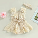 Baby Girls Romper Dress Summer Sleeveless Square Neck Floral Lace Embroidery Party Princess Bodysuit Headband Outfit