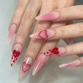 24PCS Red Bow Red False Nails Love Gemstones Press on Nails French Tip Design