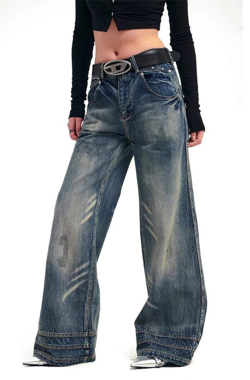 Women's Blue Jeans Baggy Denim Trousers Wide Leg Pants Oversize Clothes