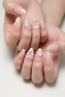 24Pcs Nails Polka Dots Bows Soft Roses and Pearls Press-On Nails—Perfect As A Gift for Girls and Friends