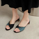 Pleated Summer Shoes Ladies Modern Slippers Popular Thick Med Heels Slippers