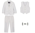 White suit set with jacket, pants, vest, and bow tie on a white background, Obroi