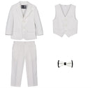 White suit set with jacket, pants, vest, and bow tie on a white background, Obroi