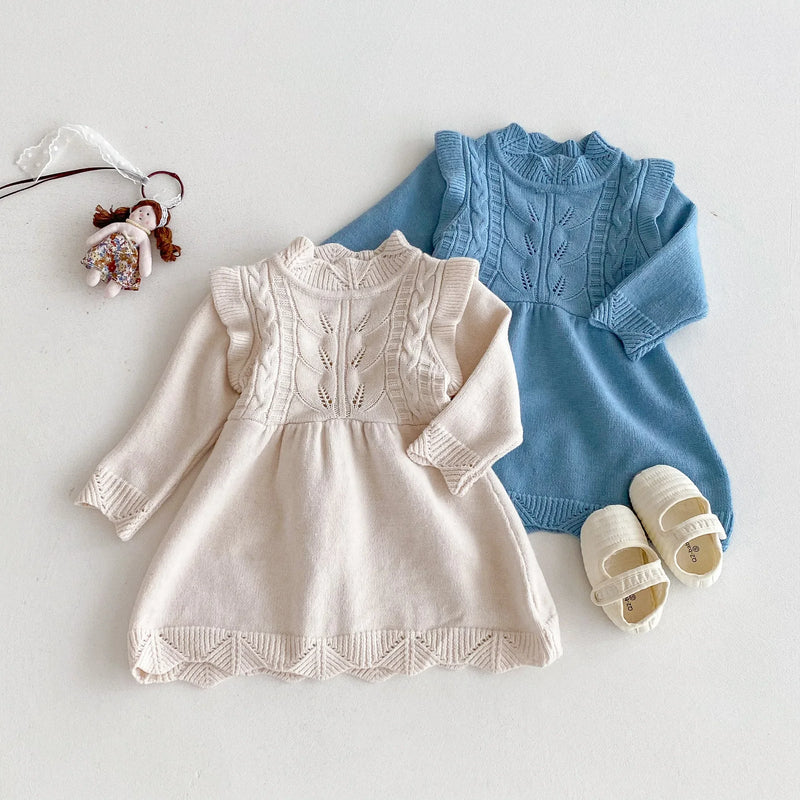 Autumn 0-3 Y Baby Girls Clothes A Line Knit Dress Long Sleeve Sweater Dress O Neck Toddler Knit Outfit