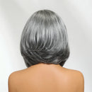 Silver-gray short layered wig shown from the back on a mannequin head against a plain light background, Obroi