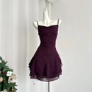 Women's Purple Sleeveless Off Shoulder Mini Dresses Elegant One Piece Frocks