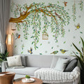 Living room with a wall decorated with tree branch and bird wall stickers, Obroi