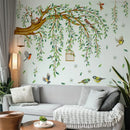 Living room with a wall decorated with tree branch and bird wall stickers, Obroi