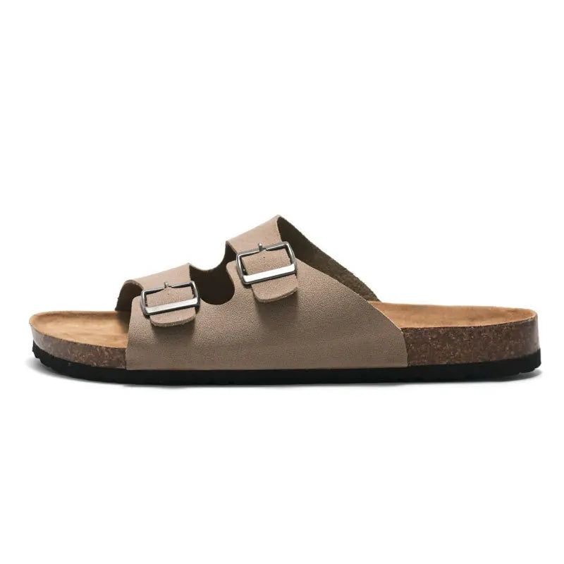 Men Cork Slippers Leather Mule Clogs Slippers Soft Cork Two Buckle Slides Footwear
