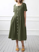 Short Sleeve Dress Women Solid Square Collar Sundress Office Robe Summer Elegant A Line