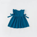 Blue dress with ruffled shoulders and tie straps on a white background, Obroi
