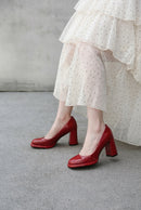 Burgundy Patent Leather Pumps for Women Heeled Beige Black Shoes Office Ladies Pump