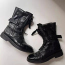 Retro Round Toe Black Leather Boots Men Rivets Belt Buckles Side Zipper Straps Punk Style Motorcycle Riding Boots