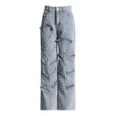 Floral Casual Denim Trousers For Women Spliced Button Wide Leg Pants