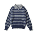 Navy and gray striped sweater with a collar on a white background, Obroi