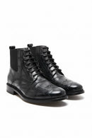 Men’s Vintage Black Leather Combat Boots – Lace-Up Ankle Boots with Classic Brogue Design