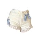 Women Lace Denim Shorts Beige High Street Spring Summer