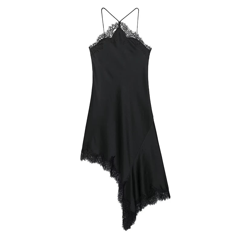 Black dress with lace details on a white background